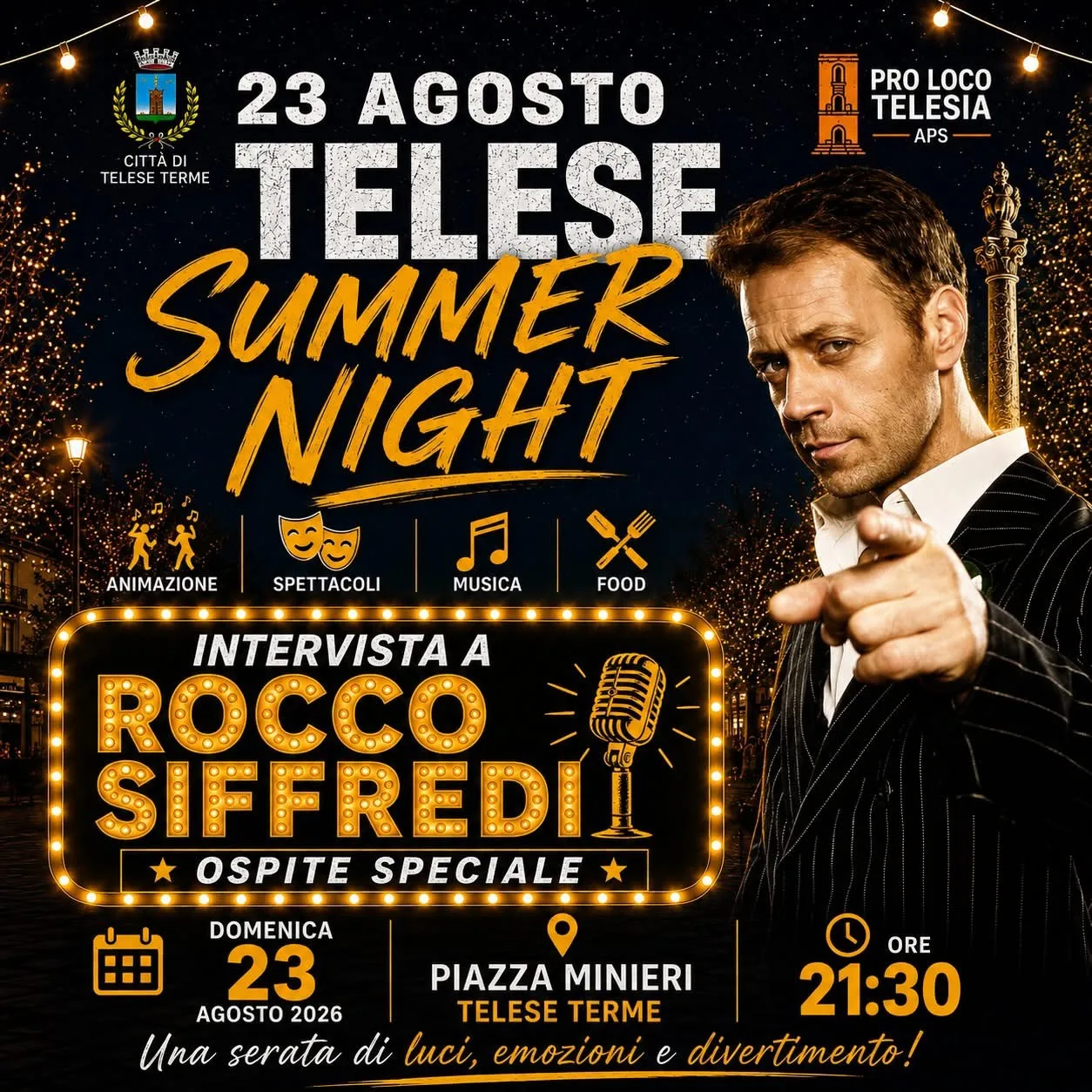 Locandina Telese Summer Night 2026 — Intervista a Rocco Siffredi a Telese Terme (Benevento)