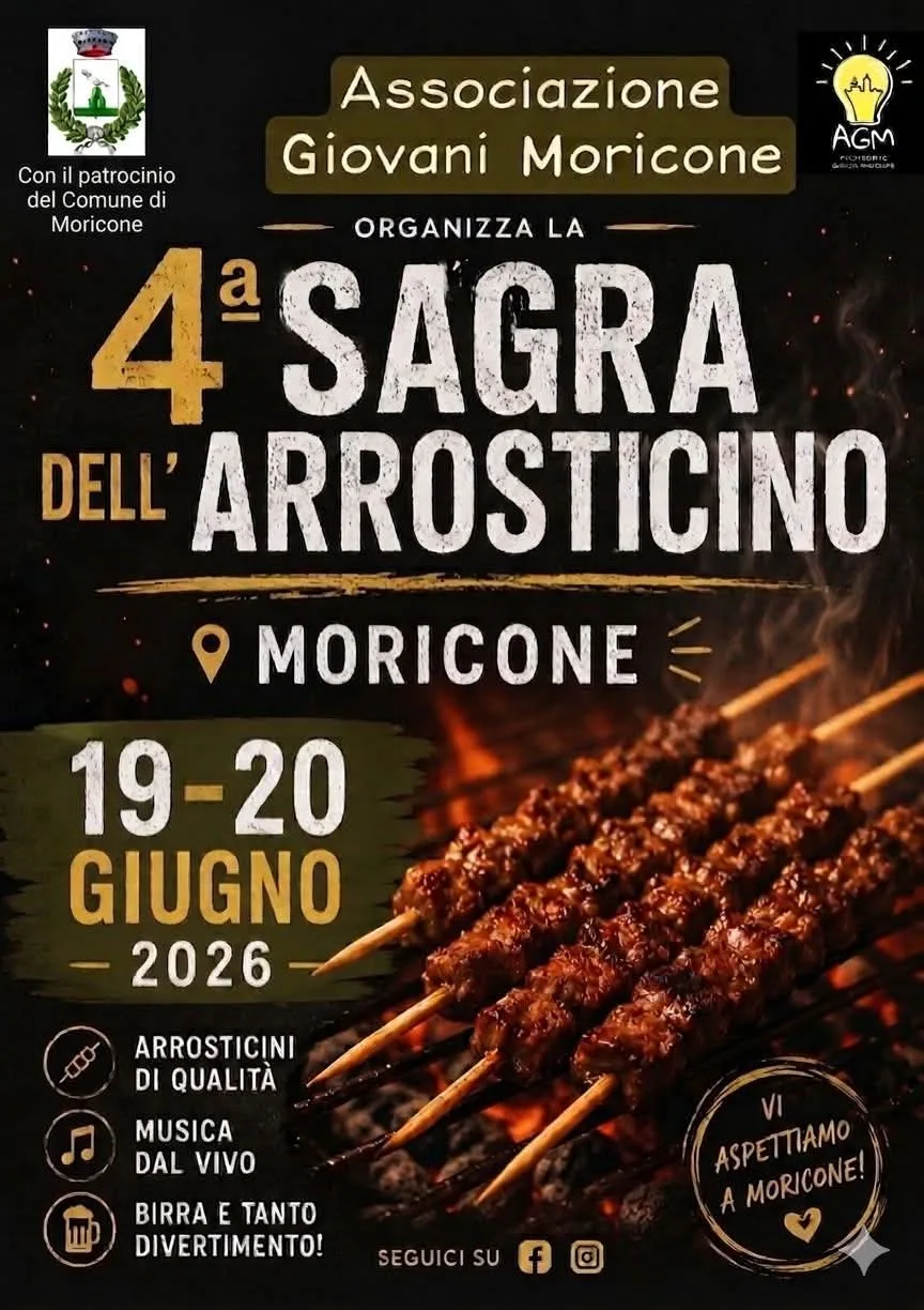 Locandina 4ª Sagra dell'Arrosticino 2026 a Moricone (Roma)