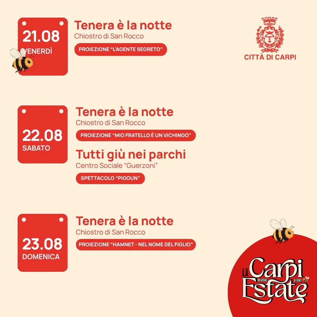 Locandina calendario eventi agosto 2026 a Carpi (Modena)