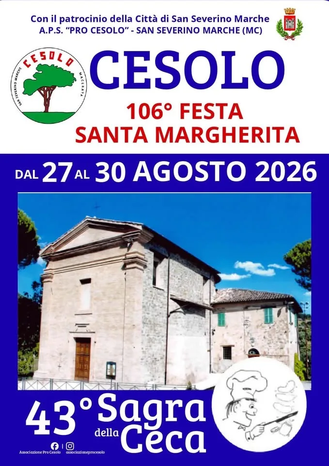 Locandina 106ª Festa Santa Margherita e 43ª Sagra della Ceca 2026 a San Severino Marche (Macerata)