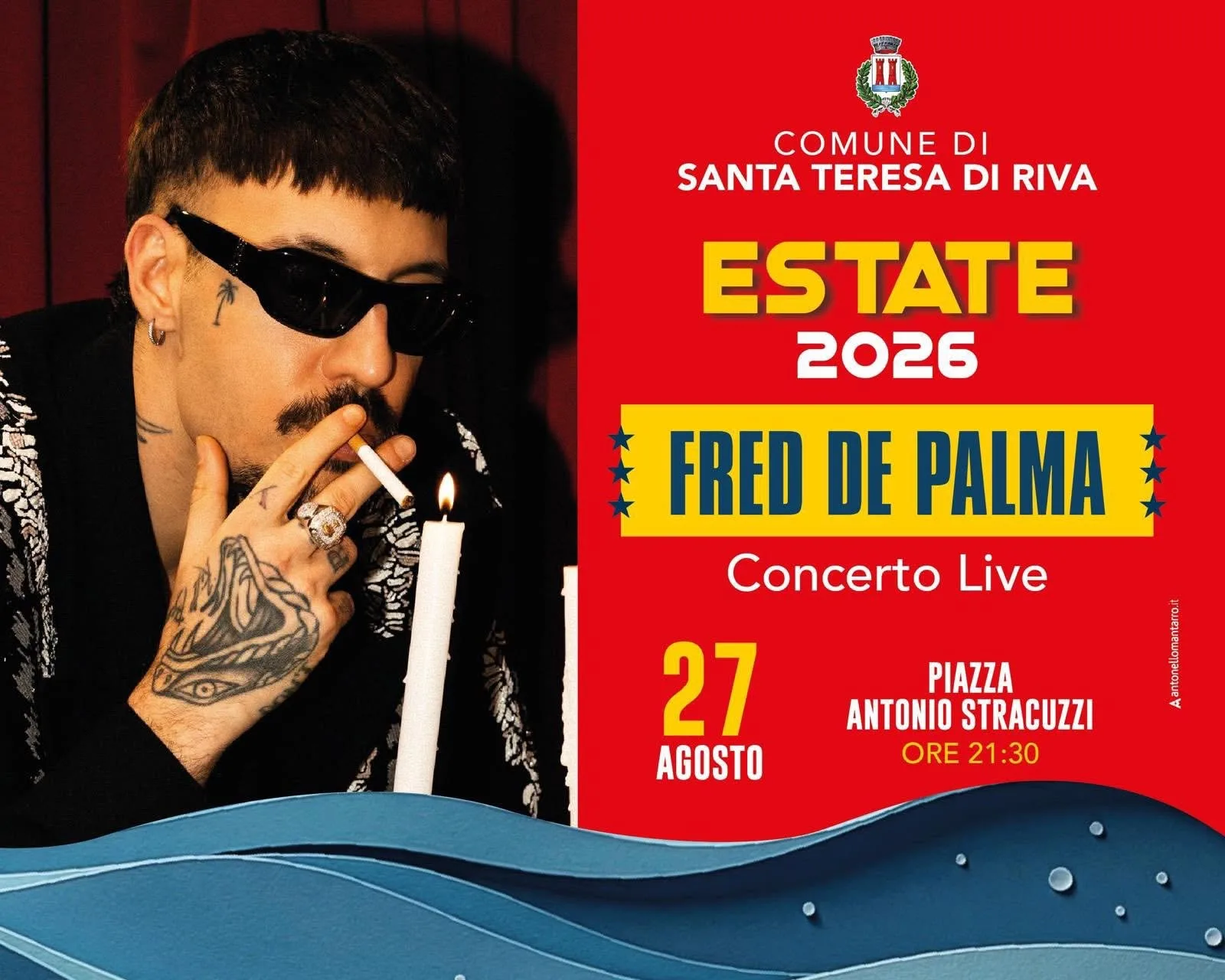 Locandina Fred De Palma Concerto Live 2026 a Santa Teresa di Riva (Messina)