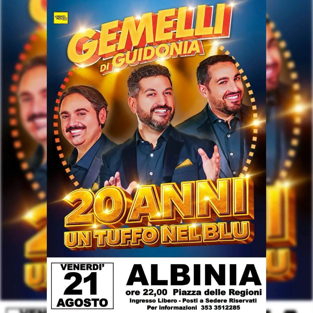 Locandina Gemelli di Guidonia 20 Anni Un Tuffo nel Blu 2026 a Orbetello (Grosseto)