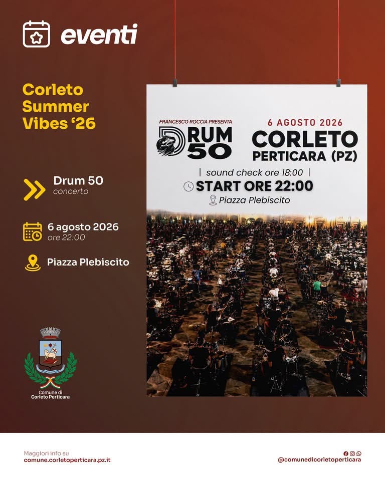 Locandina Drum 50 in concerto 2026 a Corleto Perticara (Potenza)