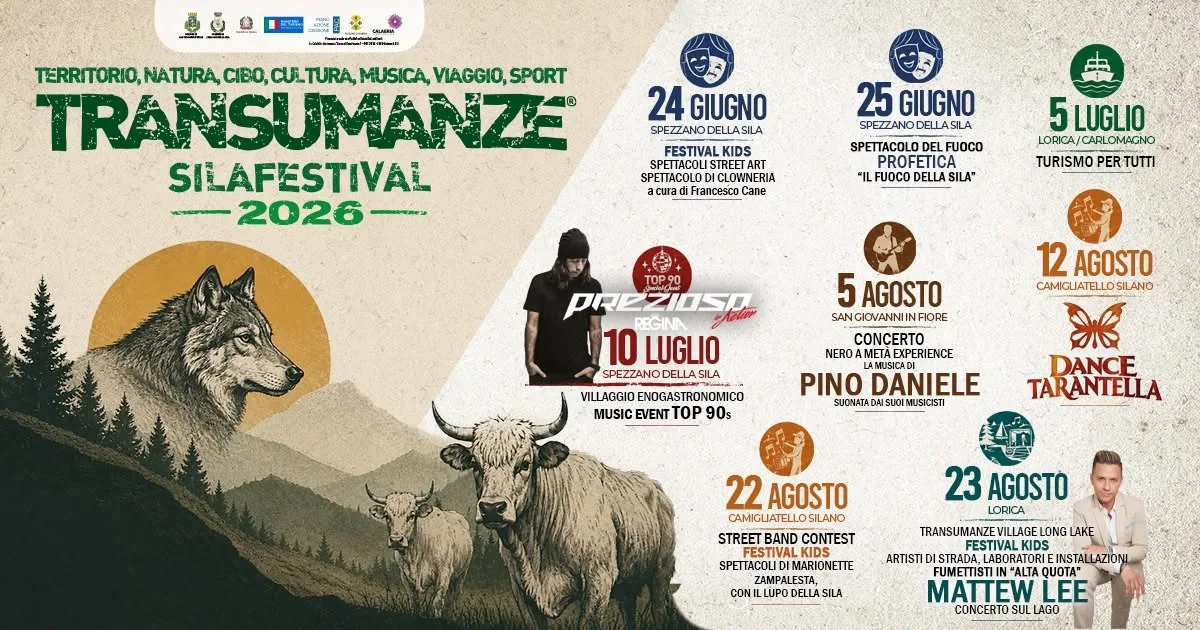Locandina calendario eventi estate 2026 a Spezzano della Sila (Cosenza)