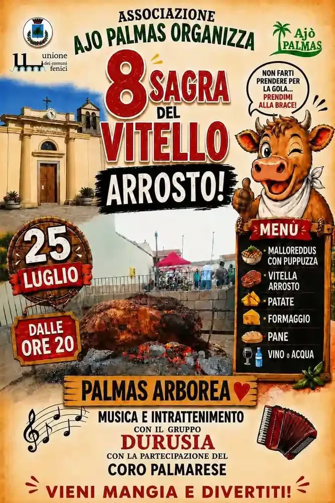 Locandina 8ª Sagra del Vitello Arrosto 2026 a Palmas Arborea (Oristano)