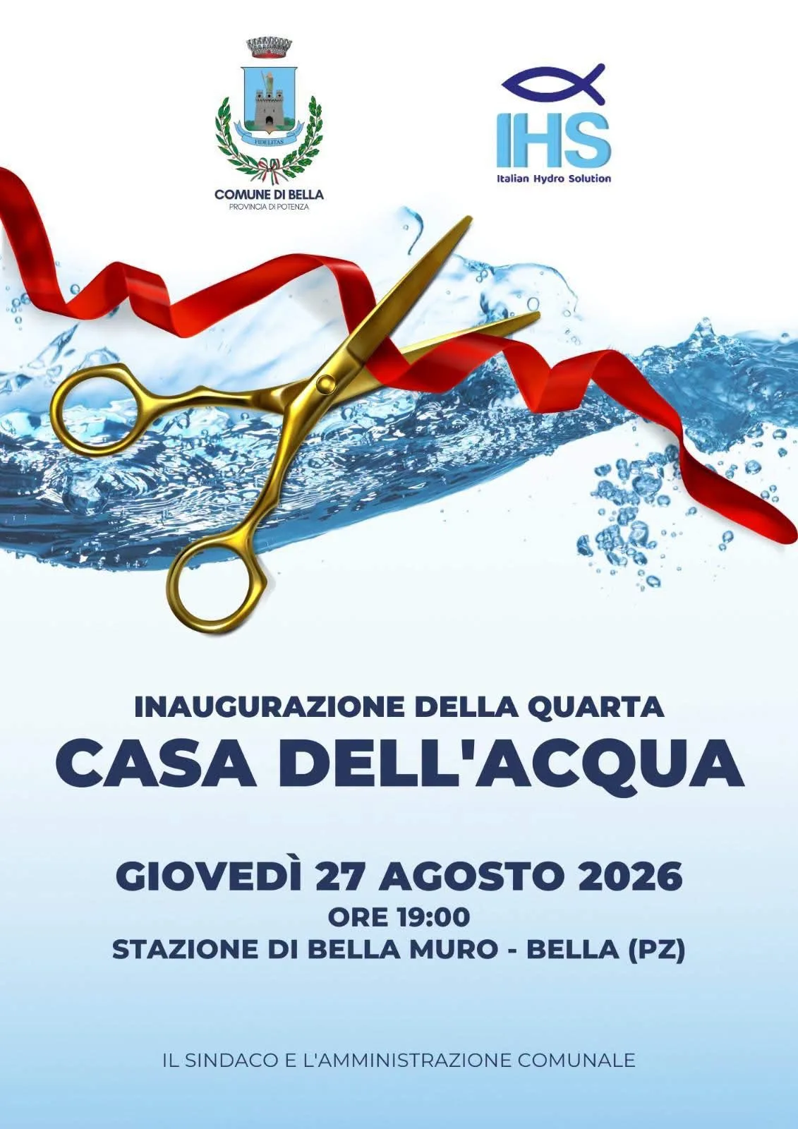 Locandina Inaugurazione della quarta Casa dell'Acqua 2026 a Bella (Potenza)