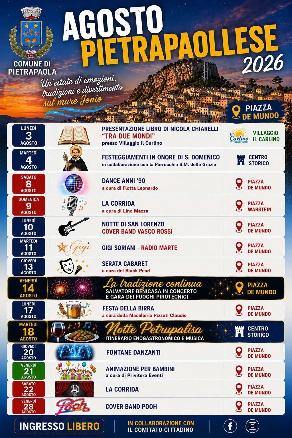 Locandina Gigi Soriani – Radio Marte 2026 a Pietrapaola (Cosenza)