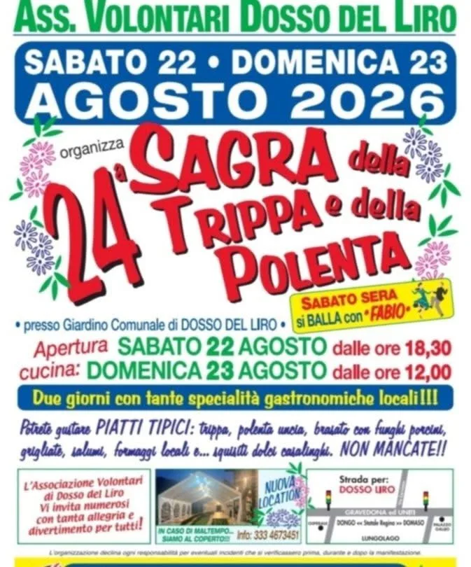 Locandina 24ª Sagra della Trippa e della Polenta 2026 a Dosso del Liro (Como)