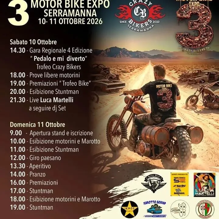Locandina Prove libere motorini — Motor Bike Expo 2026 a Serramanna (Sud sardegna)