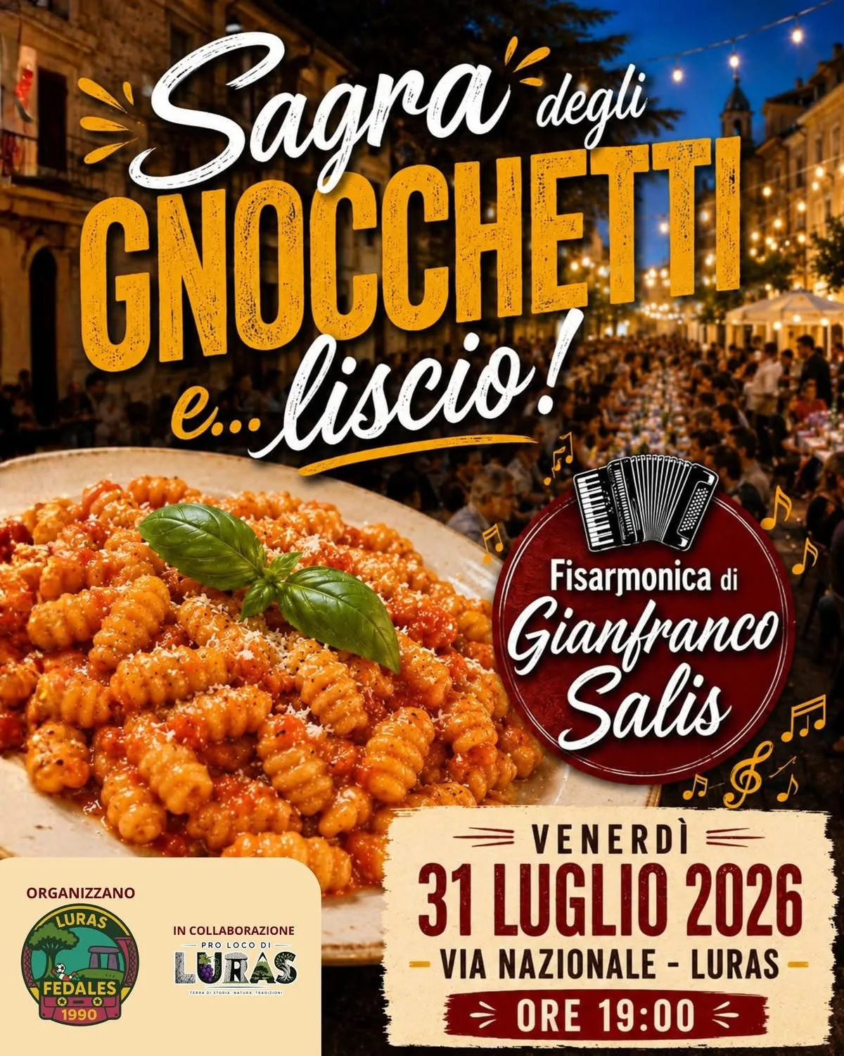 Locandina Sagra degli Gnocchetti e... liscio! 2026 a Luras (Sassari)