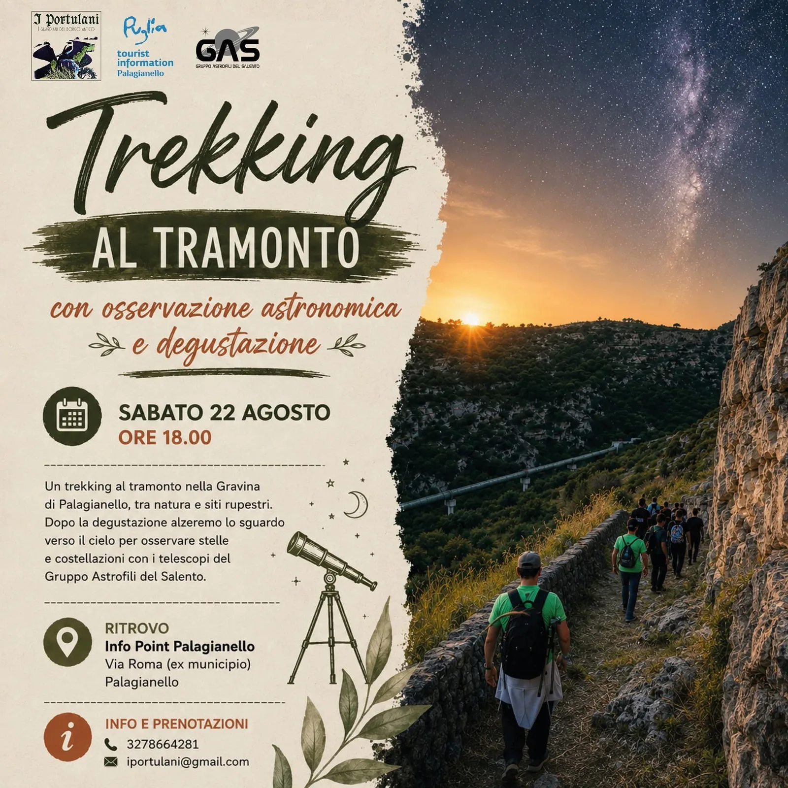 Locandina Trekking al Tramonto 2026 con osservazione astronomica a Palagianello (Taranto)