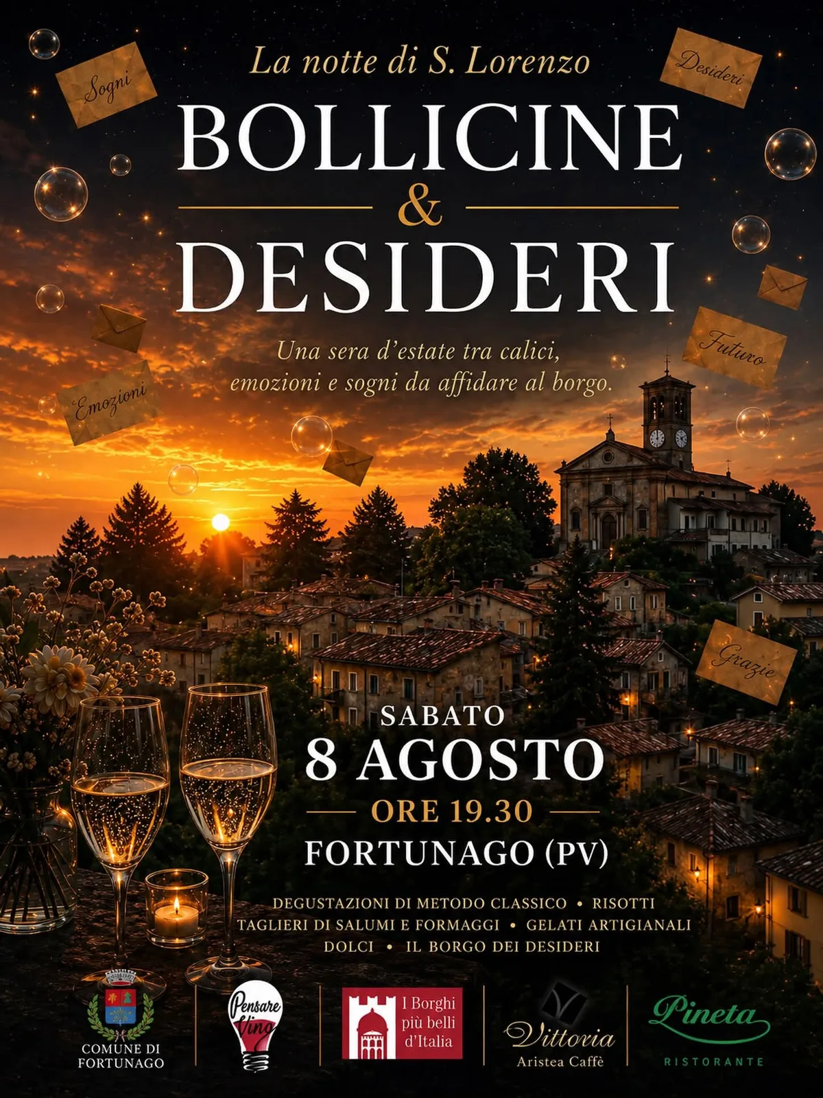 Locandina La notte di S. Lorenzo Bollicine & Desideri 2026 a Fortunago (Pavia)
