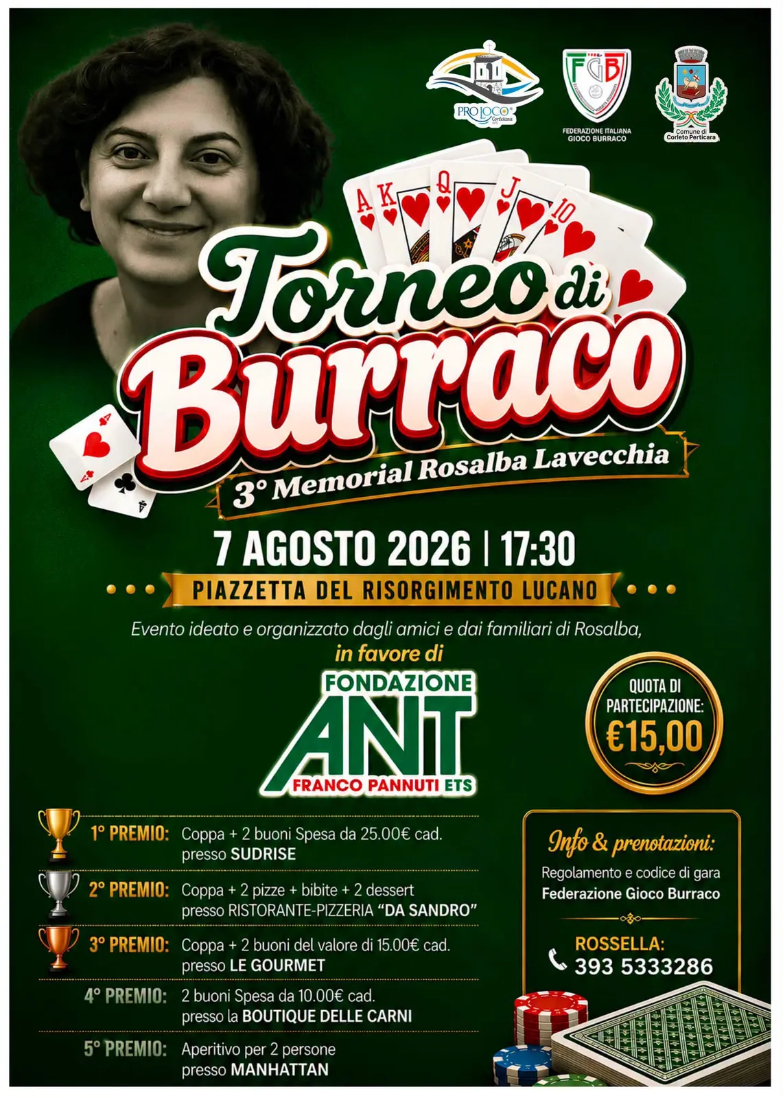 Locandina 3° Memorial Rosalba Lavecchia - Torneo di Burraco 2026 a Corleto Perticara (Potenza)