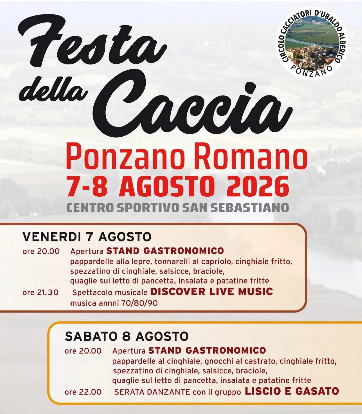 Locandina Festa della Caccia 2026 a Ponzano Romano (Roma)