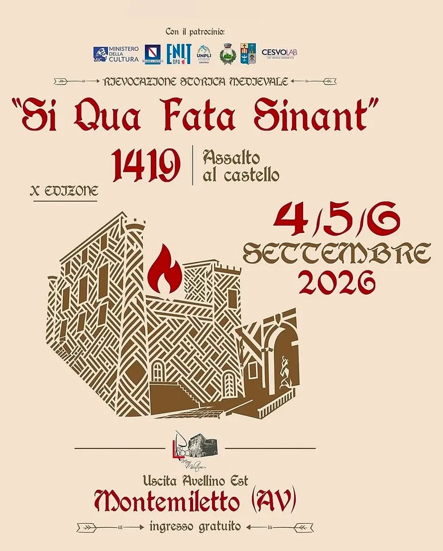 Locandina 10ª Rievocazione Storica Medievale Si Qua Fata Sinant 1419 2026 a Montemiletto (Avellino)