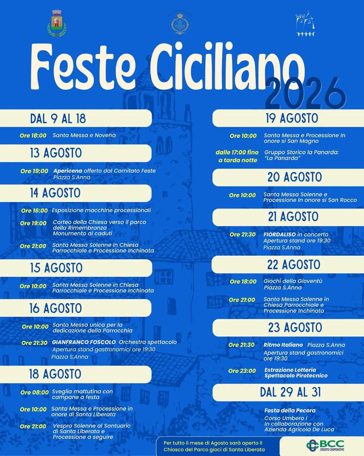 Locandina calendario eventi agosto 2026 a Ciciliano (Roma)