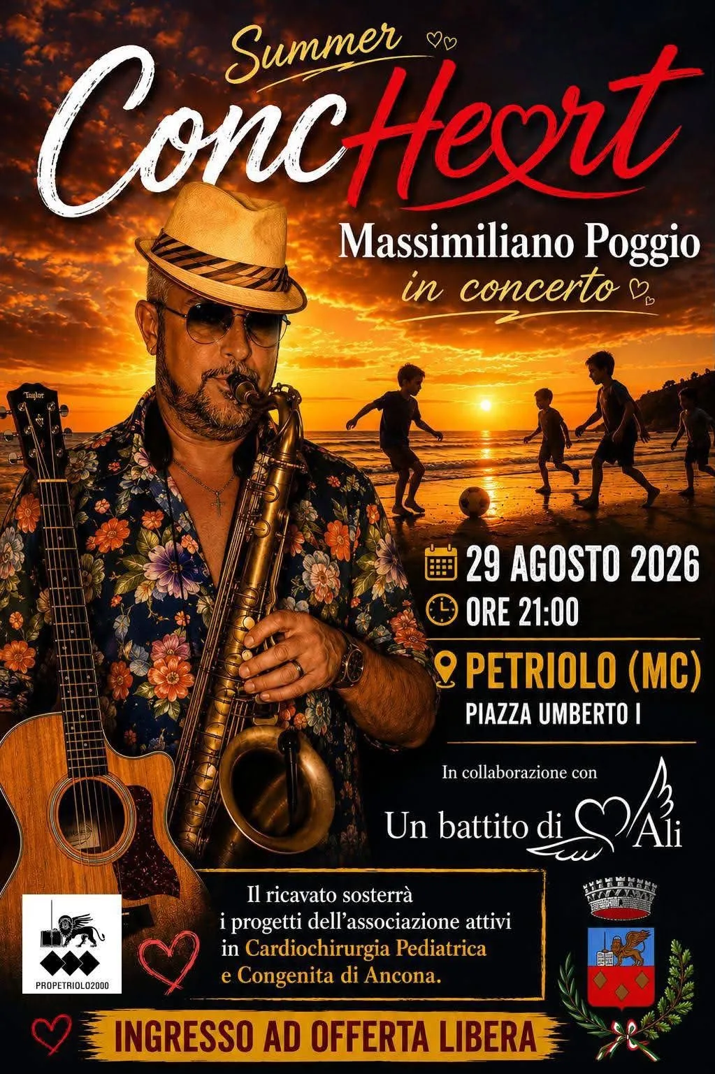 Locandina Summer ConcHeart 2026 con Massimiliano Poggio in concerto a Petriolo (Macerata)