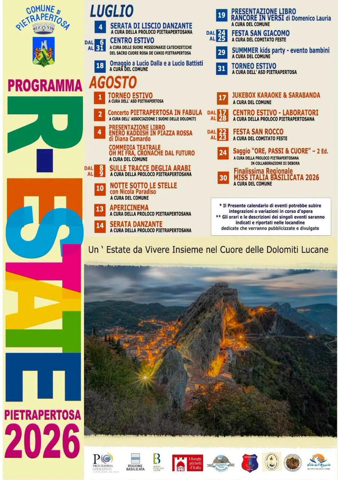 Locandina Miss Italia Basilicata — Finalissima Regionale 2026 a Pietrapertosa (Potenza)