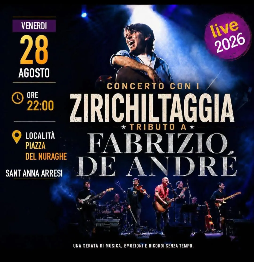 Locandina Concerto con i Zirichiltaggia Tributo a Fabrizio De André 2026 a Sant'Anna Arresi (Sud Sardegna)