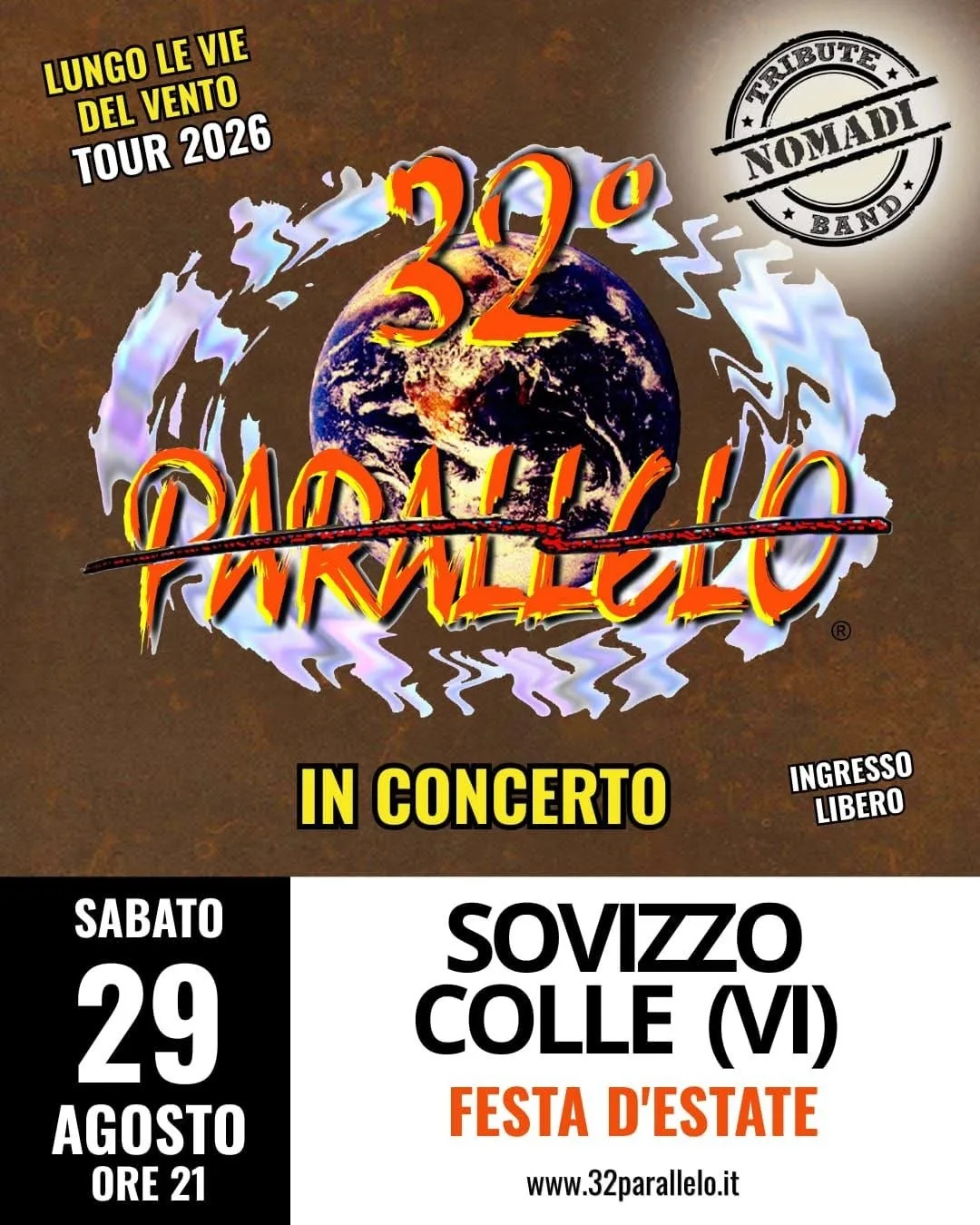 Locandina Lungo le Vie del Vento Tour 2026 - 32° Parallelo in Concerto a Sovizzo (Vicenza)