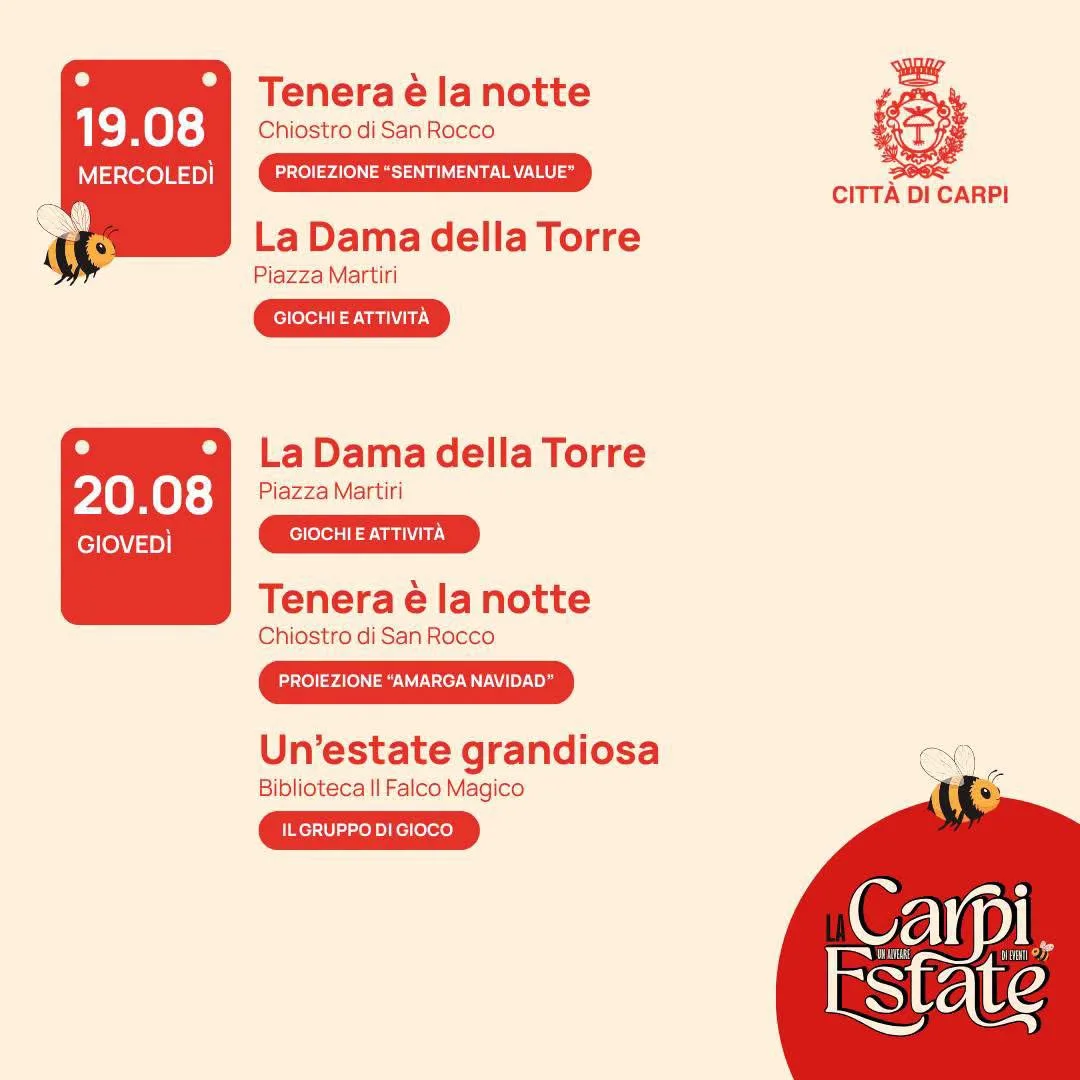 Locandina calendario eventi agosto 2026 a Carpi (Modena)