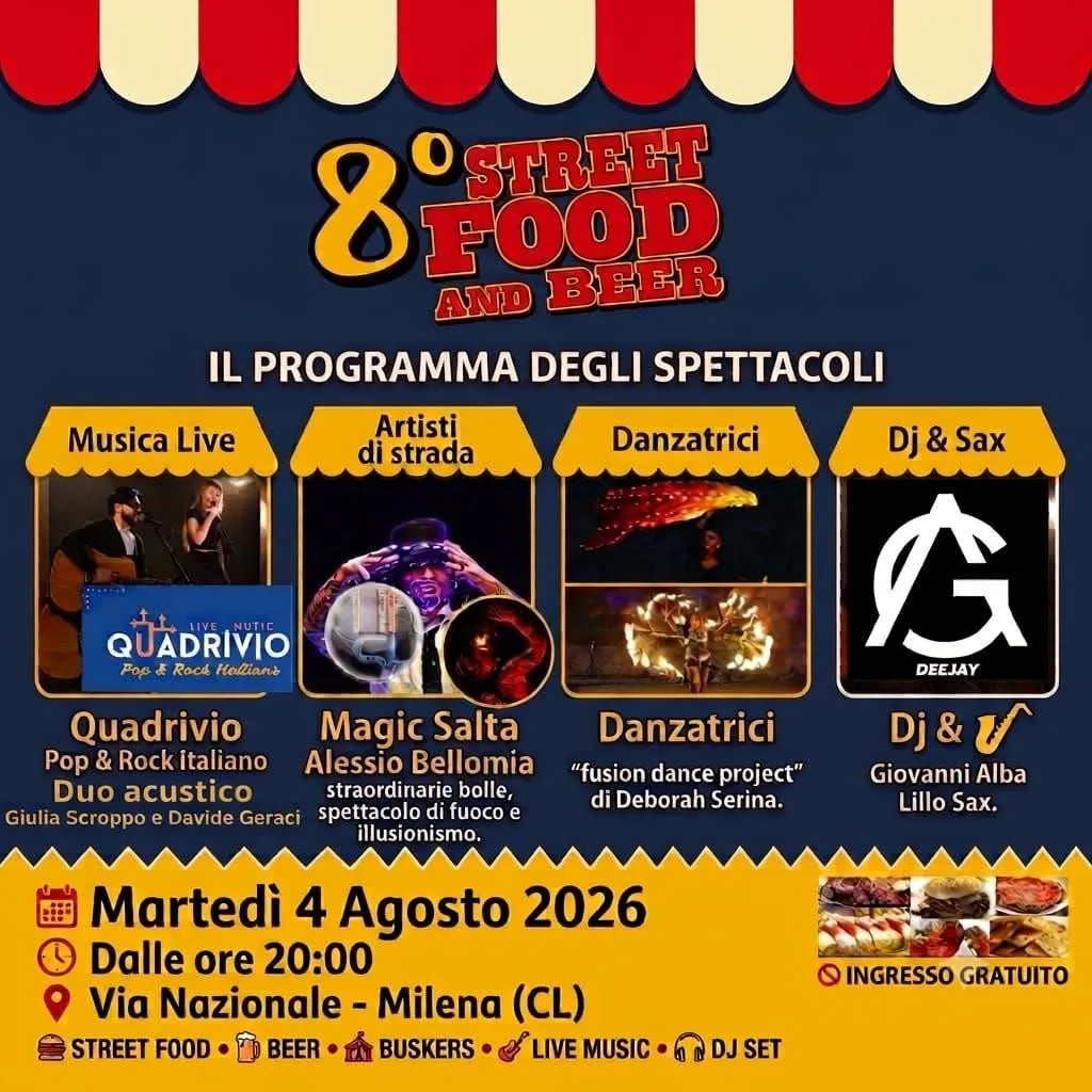 Locandina 8° Street Food and Beer 2026 a Milena (Caltanissetta)