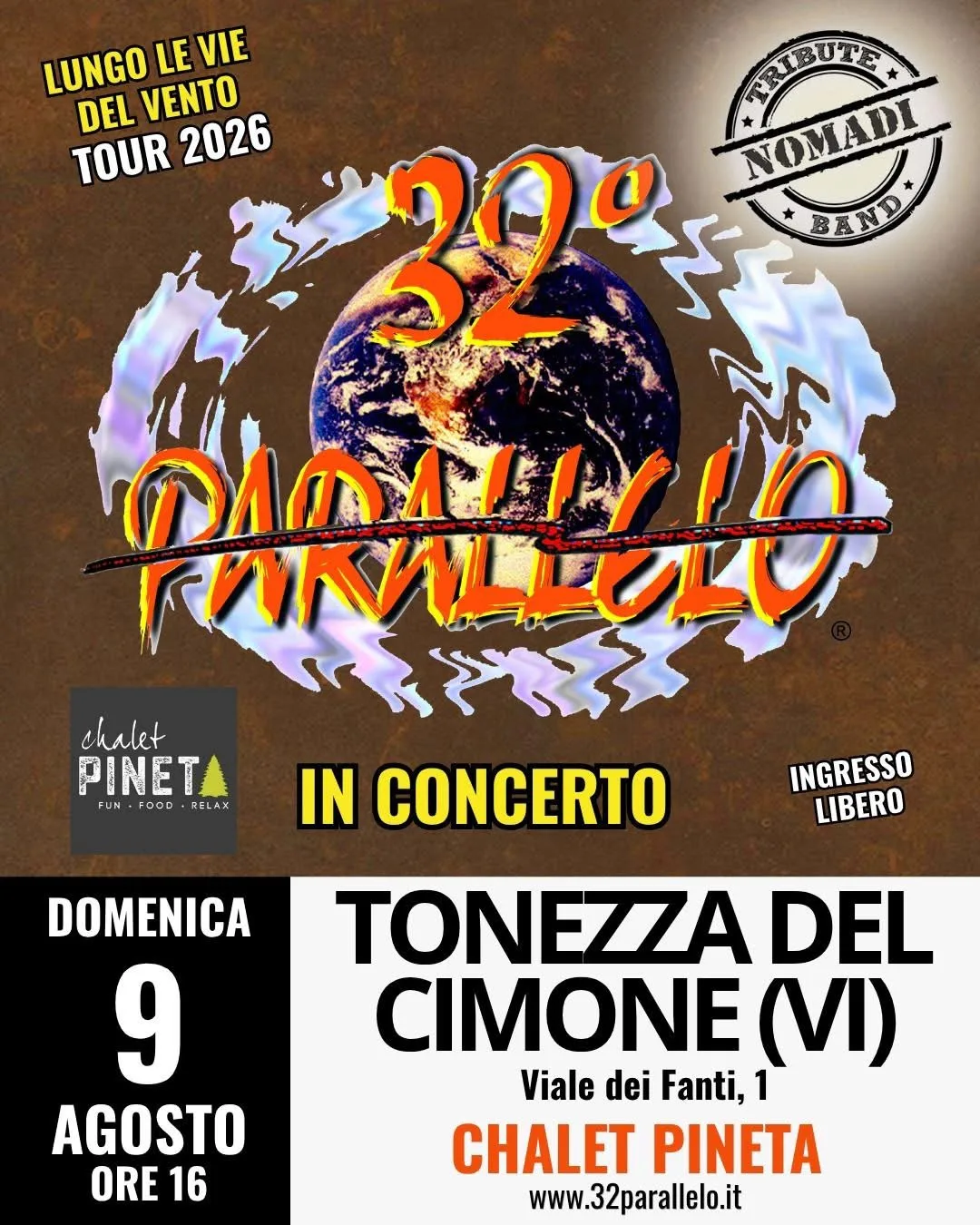 Locandina Lungo le Vie del Vento Tour 2026 - 32° Parallelo in Concerto a Tonezza del Cimone (Vicenza)