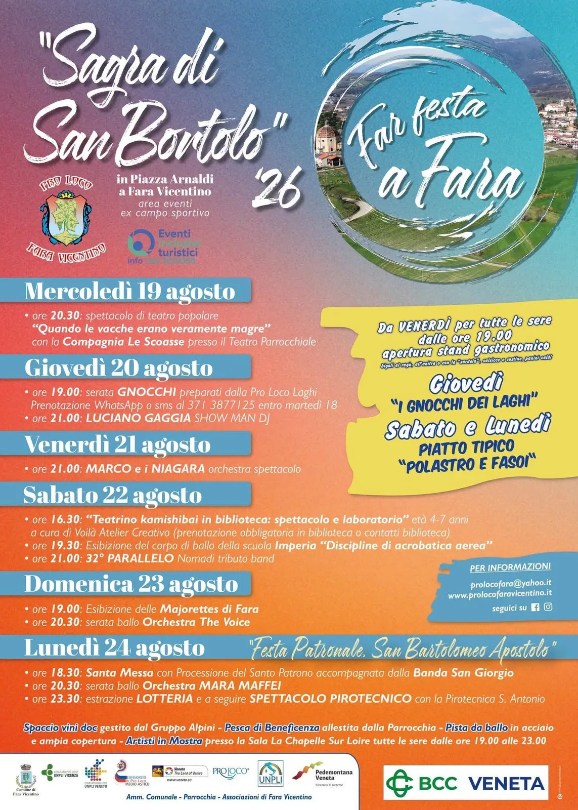 Locandina calendario eventi agosto 2026 a Fara Vicentino (Vicenza)