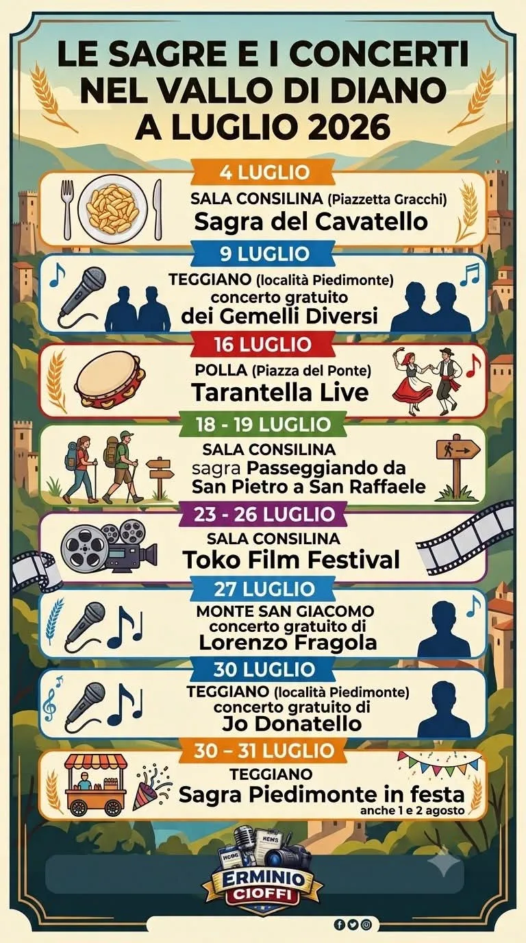Locandina Gemelli Diversi in concerto gratuito 2026 a Teggiano (Salerno)