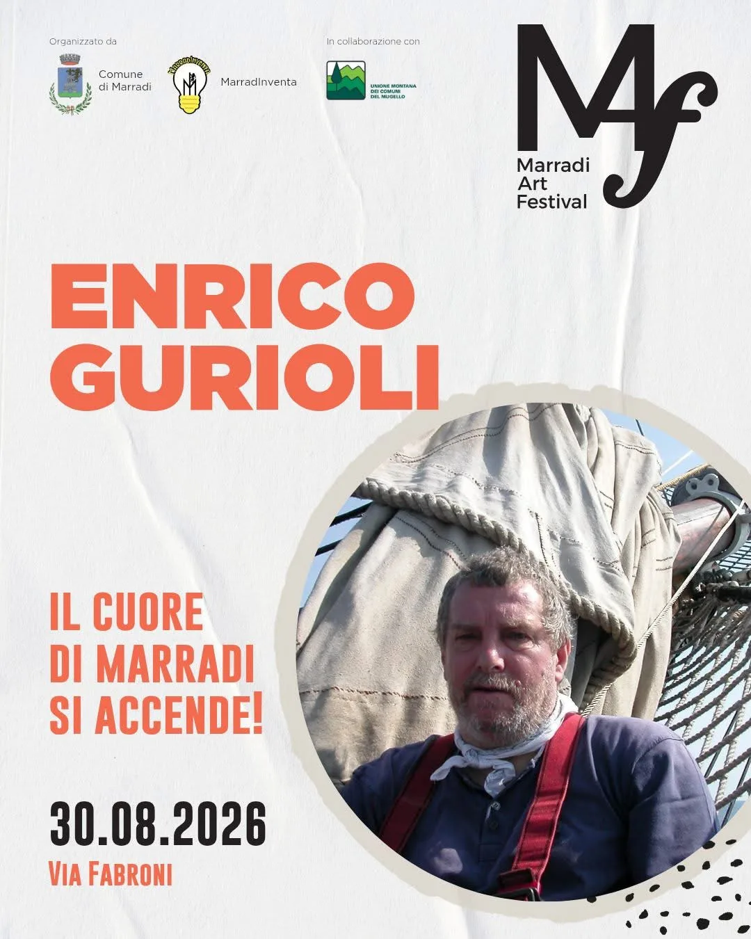 Locandina Marradi Art Festival 2026 con Enrico Gurioli a Marradi (Firenze)