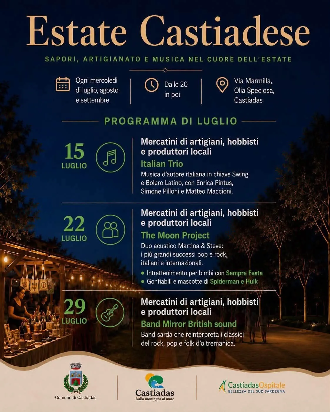 Locandina Estate Castiadese — Mercatini e The Moon Project 2026 a Castiadas (Sud sardegna)