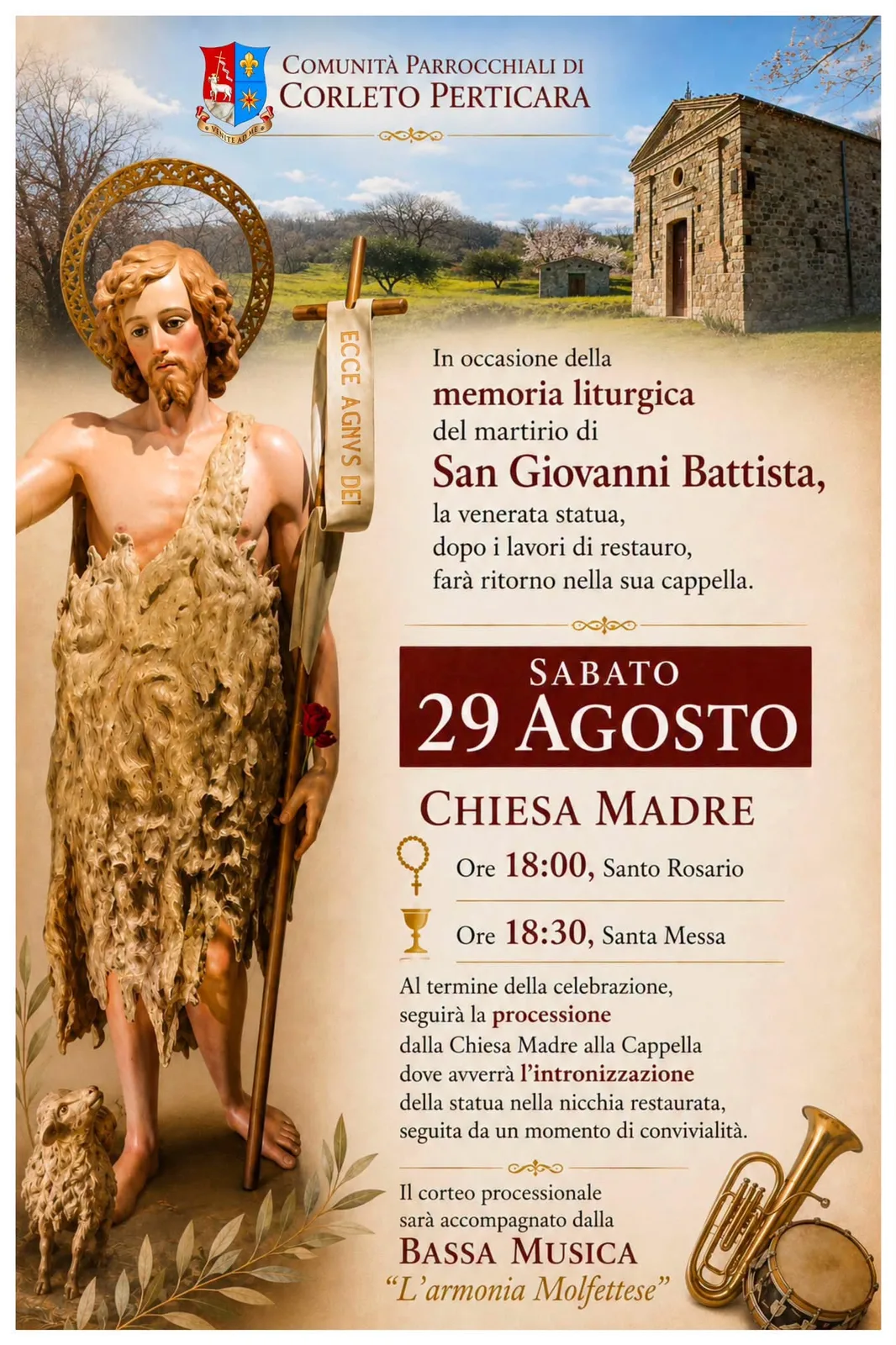 Locandina Processione e Intronizzazione della Statua di San Giovanni Battista 2026 a Corleto Perticara (PZ)