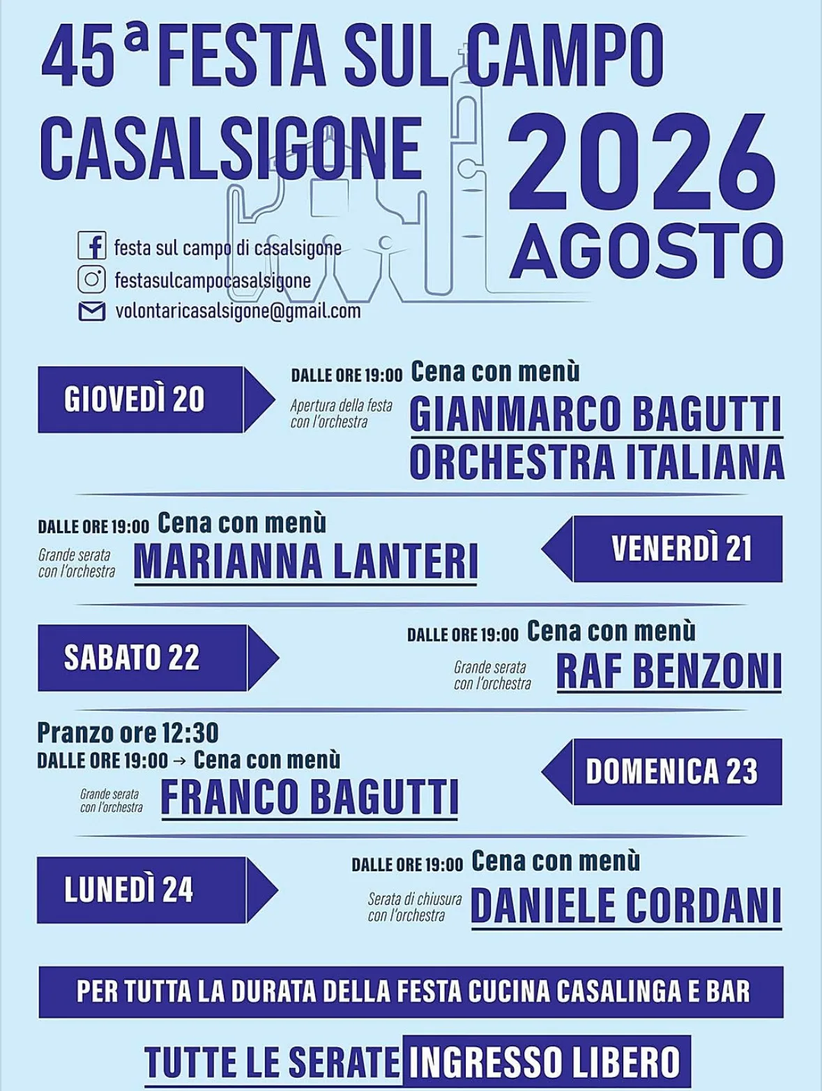 Locandina 45ª Festa sul Campo Casalsigone — Raf Benzoni 2026 a Pozzaglio ed Uniti (Cremona)