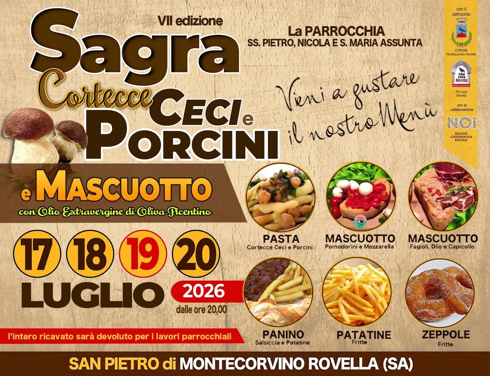 Locandina VII Edizione Sagra Cortecce Ceci e Porcini e Mascuotto 2026 a Montecorvino Rovella (Salerno)