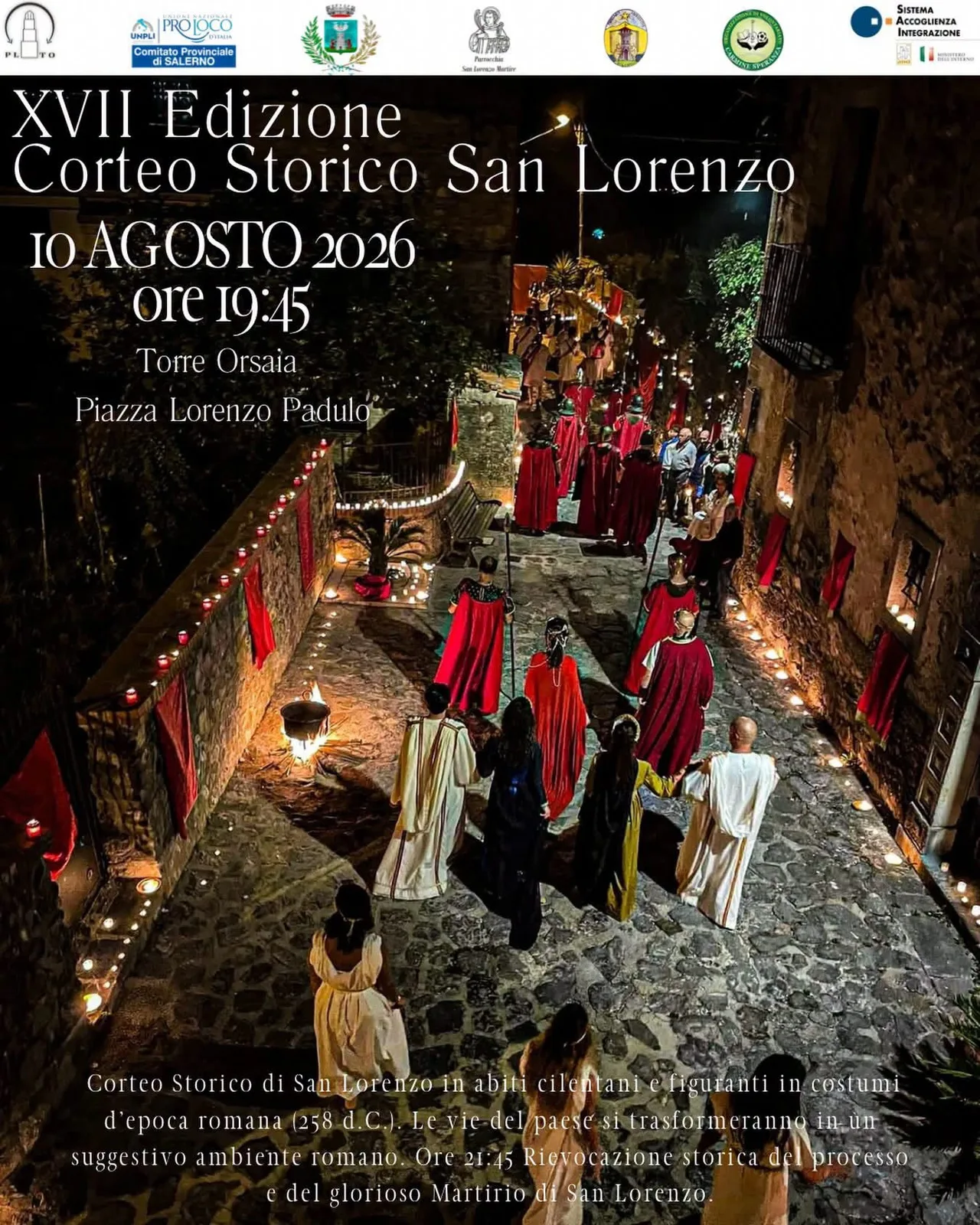 Locandina XVII Edizione Corteo Storico San Lorenzo 2026 a Torre Orsaia (Salerno)