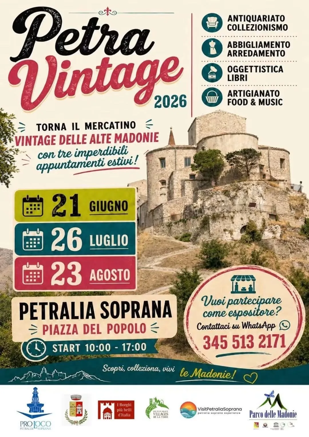 Locandina Petra Vintage 2026 — Mercatino Vintage 23 agosto a Petralia Soprana (Palermo)