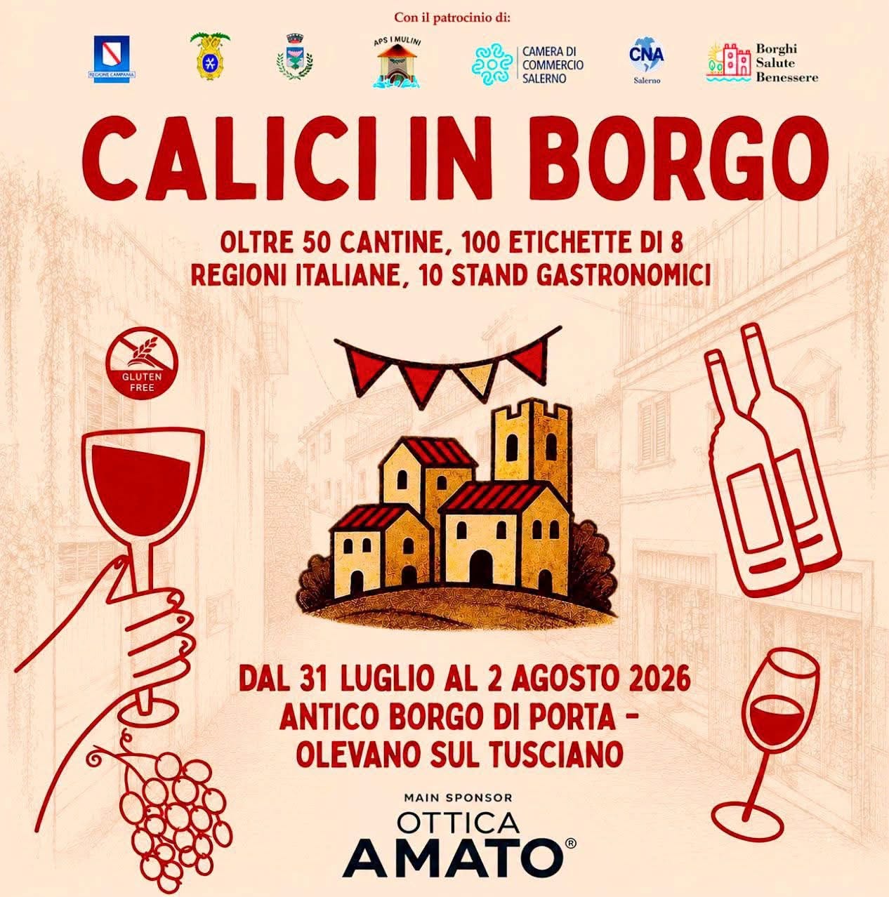 Locandina dell'evento enogastronomico "Calici in Borgo" con degustazioni di vini italiani, stand gastronomici e borgo illustrato.