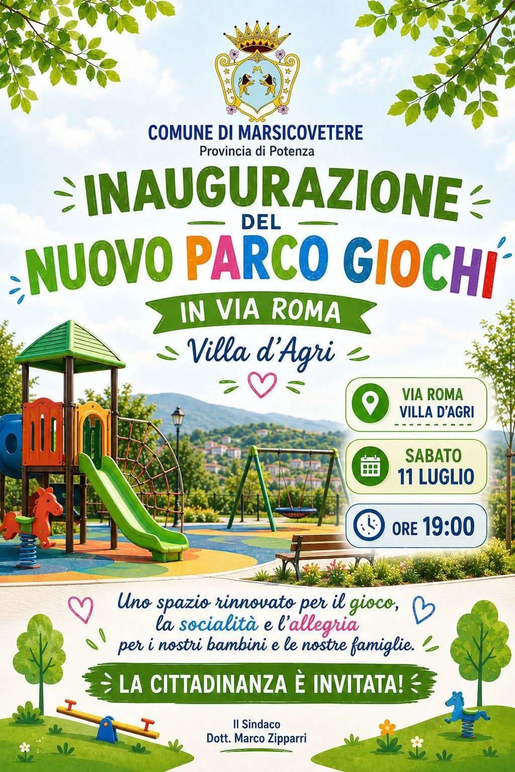Locandina Inaugurazione del Nuovo Parco Giochi Villa d'Agri 2026 a Marsicovetere (Potenza)