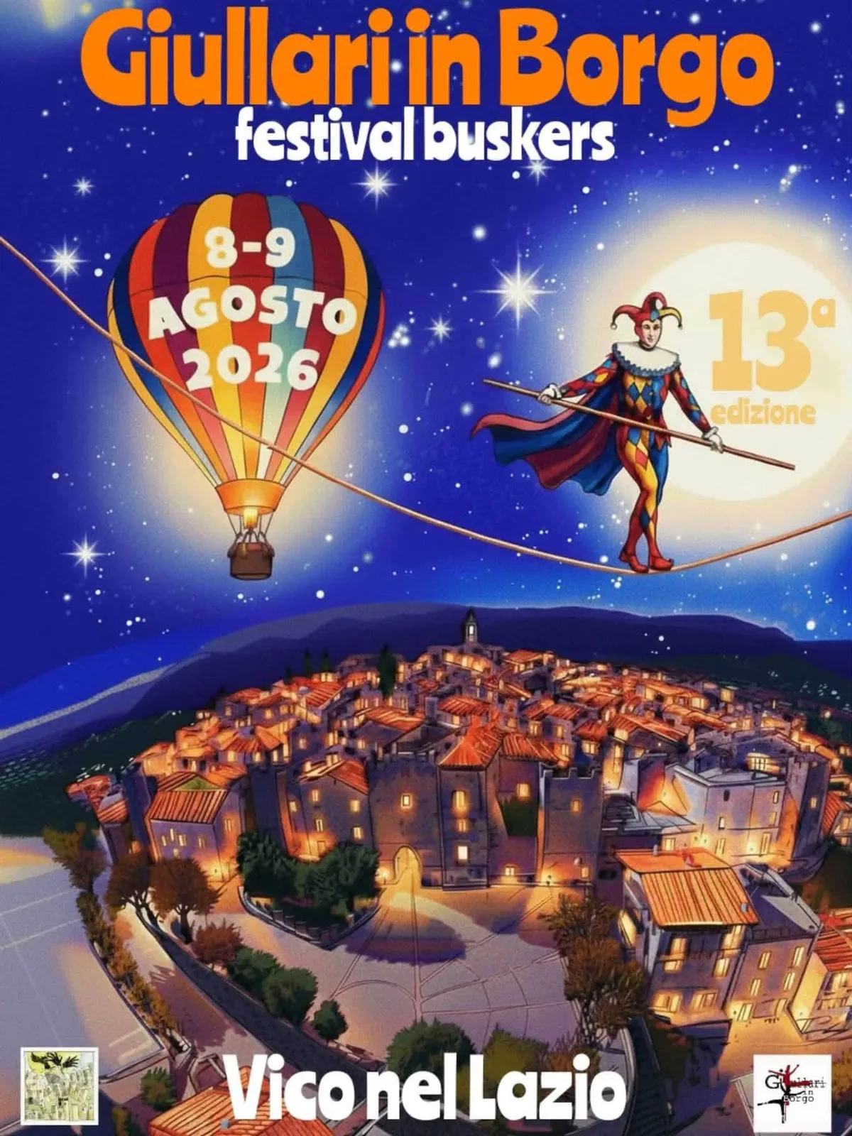 Locandina 13ª Giullari-in Borgo festival buskers 2026 a Vico nel Lazio (Frosinone)
