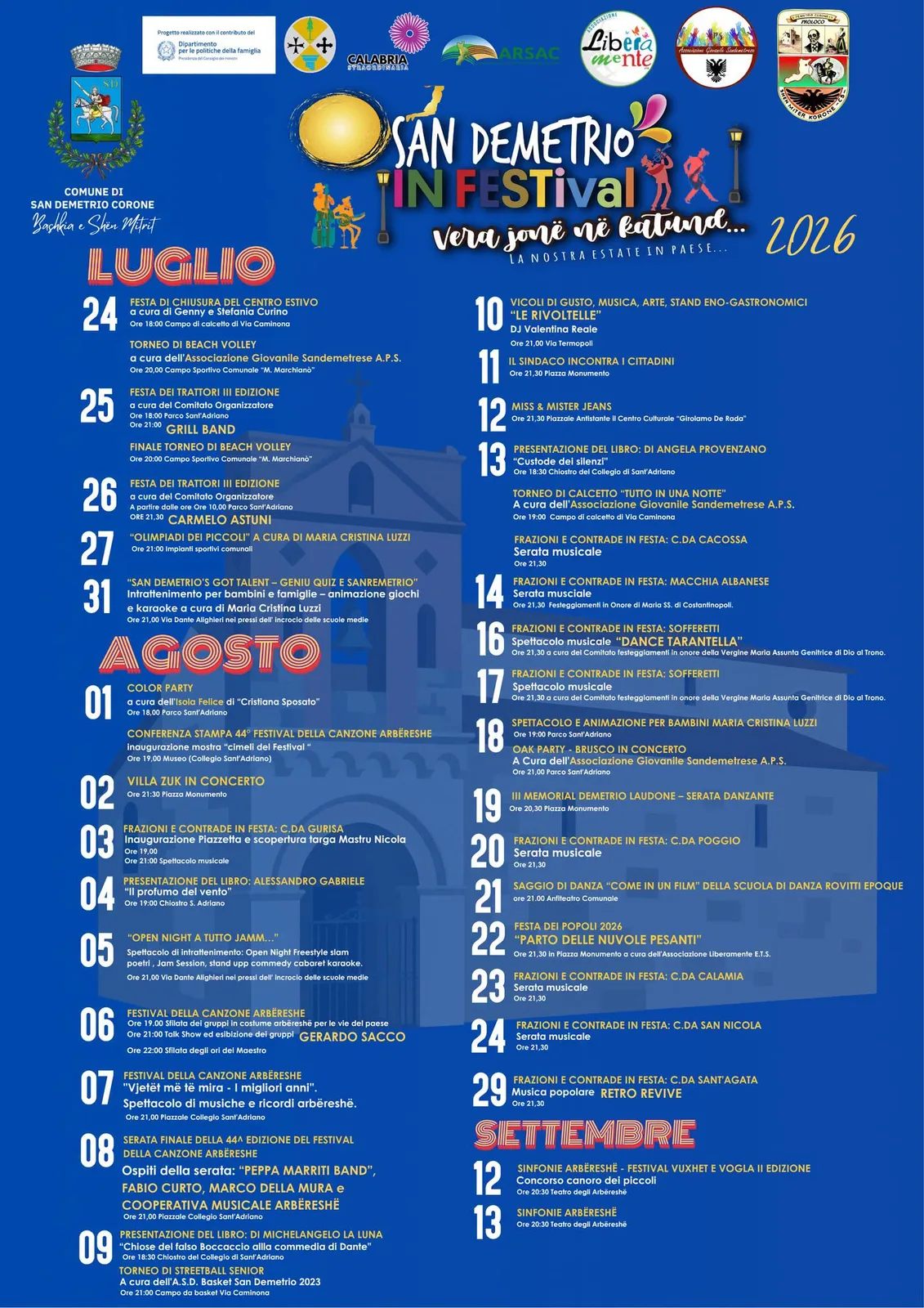 Locandina calendario eventi estate 2026 a San Demetrio Corone (Cosenza)