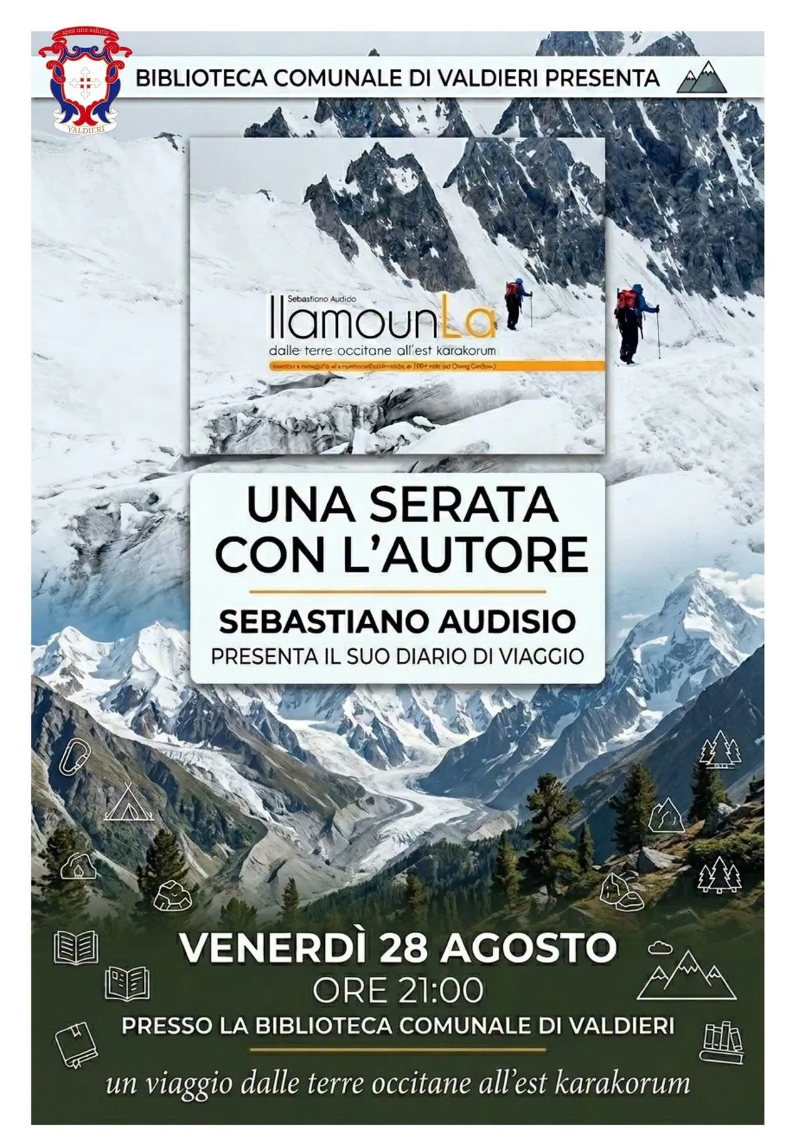 Locandina Serata con l'autore Sebastiano Audisio 2026 a Valdieri (Cuneo)