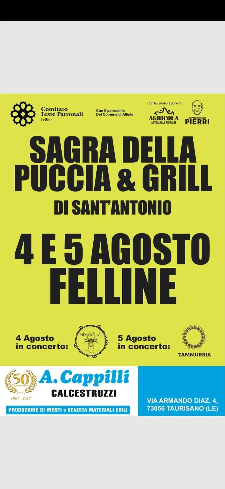 Locandina Sagra della Puccia & Grill di Sant'Antonio 2026 a Alliste (Lecce)