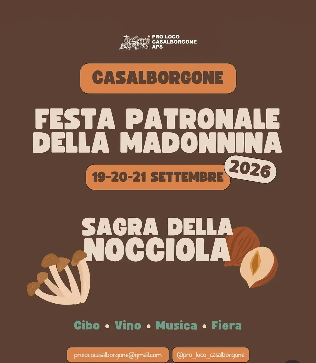 Locandina Festa Patronale della Madonnina e Sagra della Nocciola 2026 a Casalborgone (Torino)
