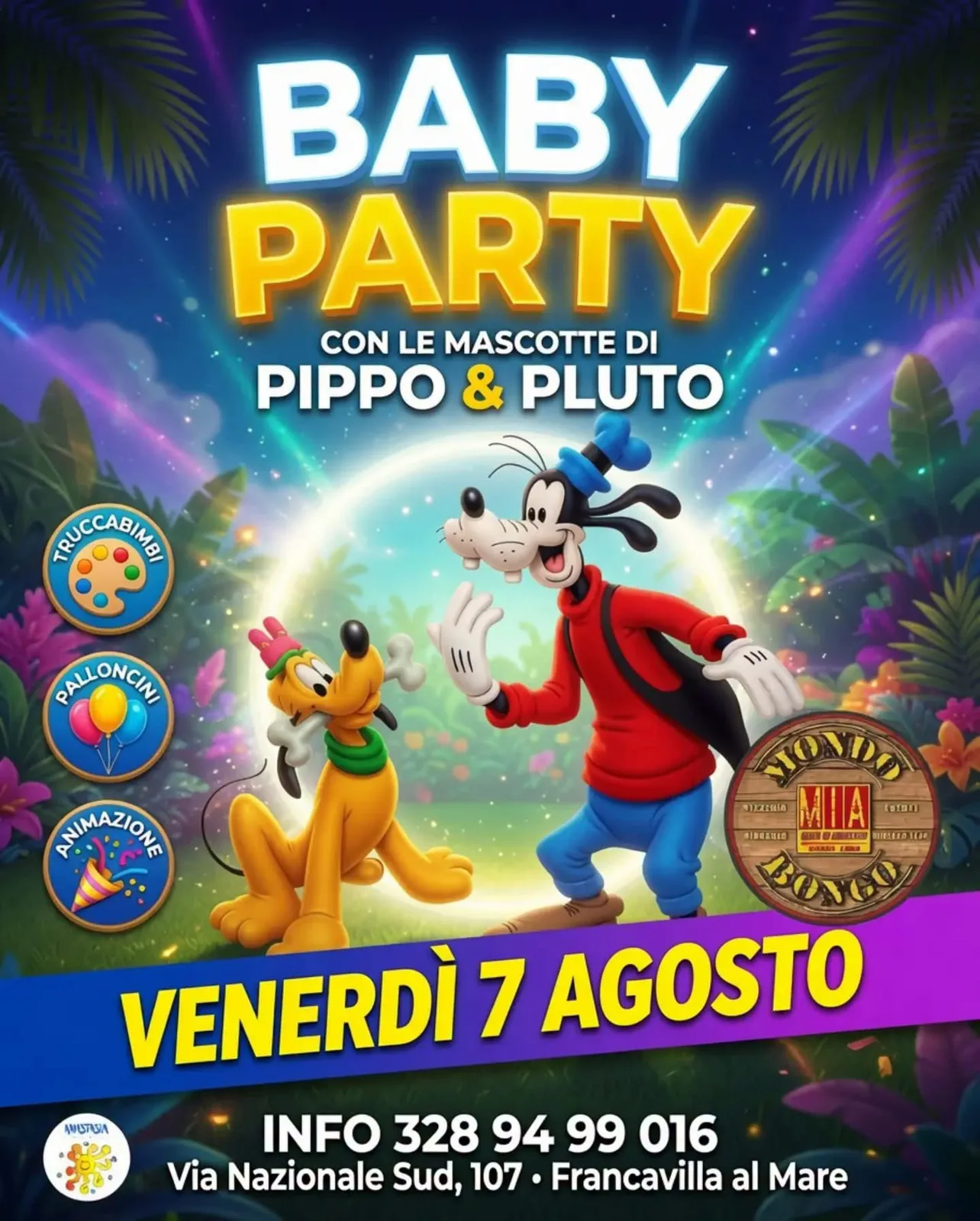 Locandina Baby Party con le Mascotte di Pippo & Pluto 2026 a Francavilla al Mare (Chieti)