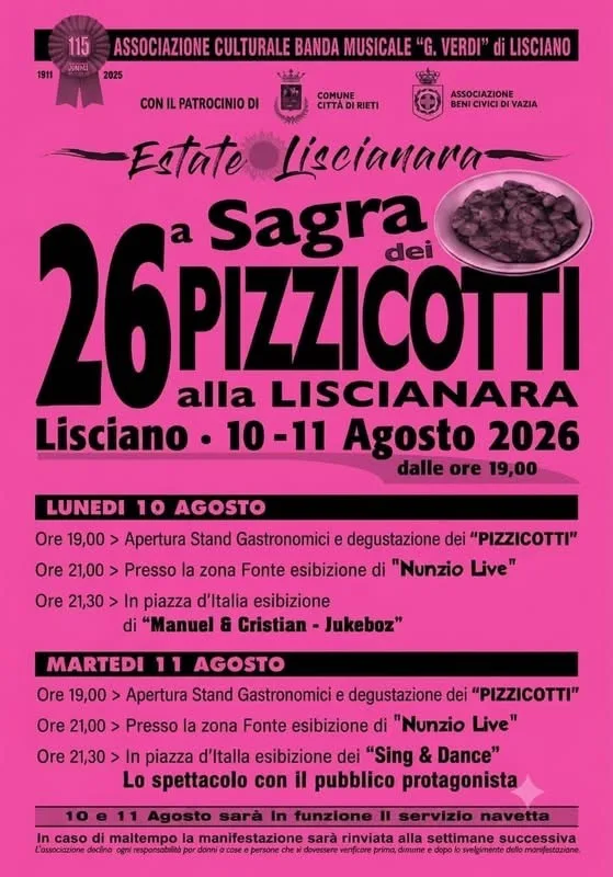 Locandina Apertura stand — 26ª Sagra dei Pizzicotti 2026 a Rieti (Rieti)