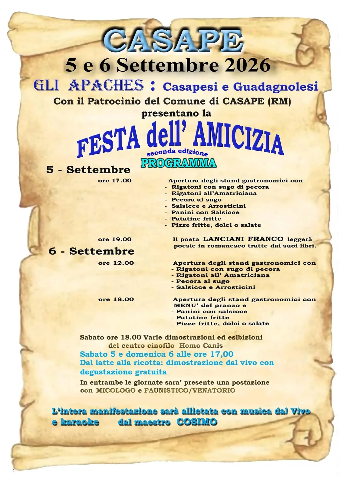 Locandina 2ª Festa dell'Amicizia 2026 a Casape (Roma)