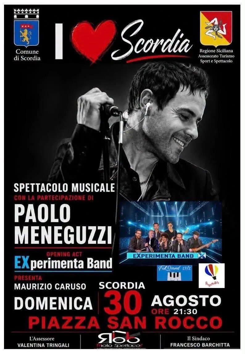 Locandina Spettacolo Musicale con Paolo Meneguzzi 2026 a Scordia (Catania)