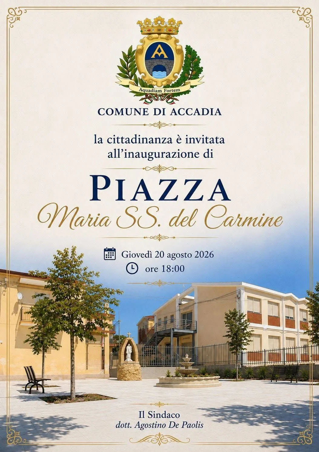 Locandina Inaugurazione Piazza Maria SS. del Carmine 2026 a Accadia (Foggia)