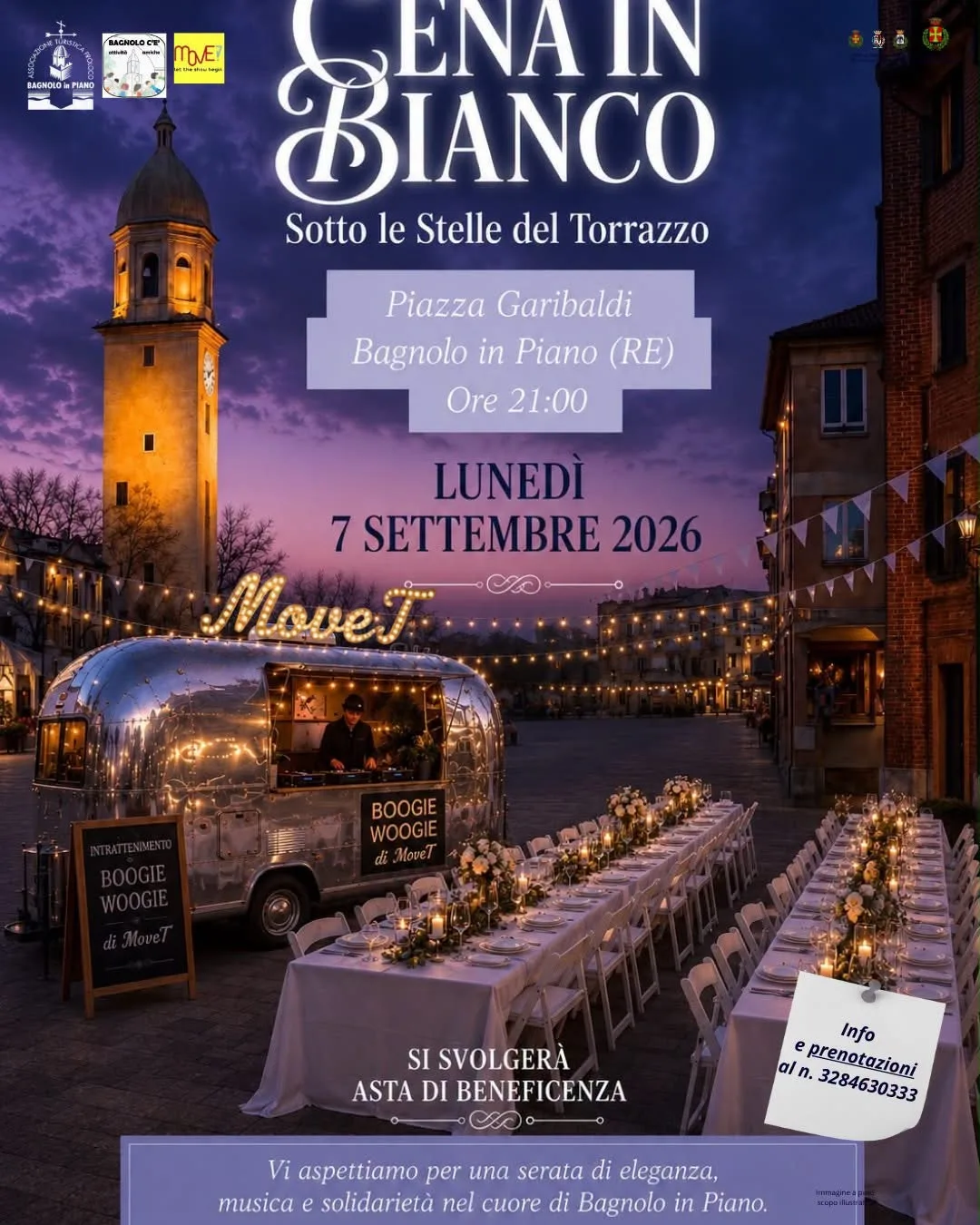 Locandina Cena in Bianco 2026 - Sotto le Stelle del Torrazzo a Bagnolo in Piano (Reggio Emilia)