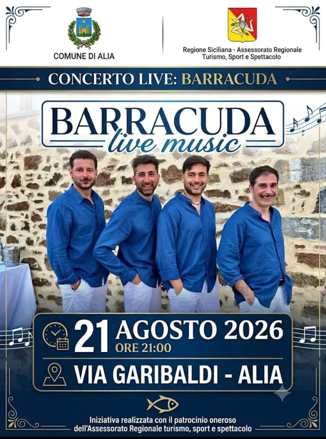 Locandina Concerto Live Barracuda 2026 a Alia (Palermo)